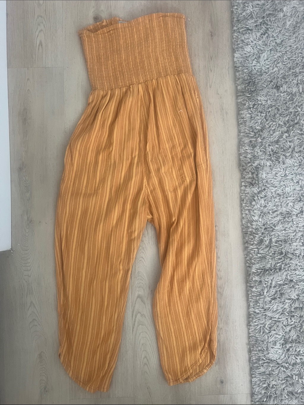 Prana Mustard Striped Smocked-Waist Harem Jumpsuit